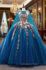 Blue Tulle Sequins Pink 3D Appliques Evening Prom Dress
