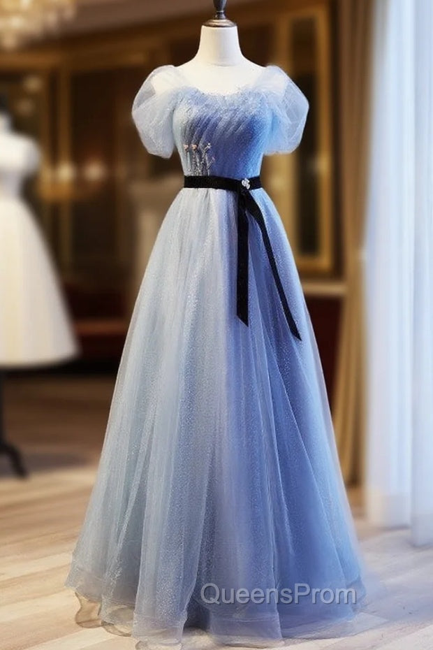 Blue Tulle Sequins Pleats Beading Evening Prom Dress With Belt