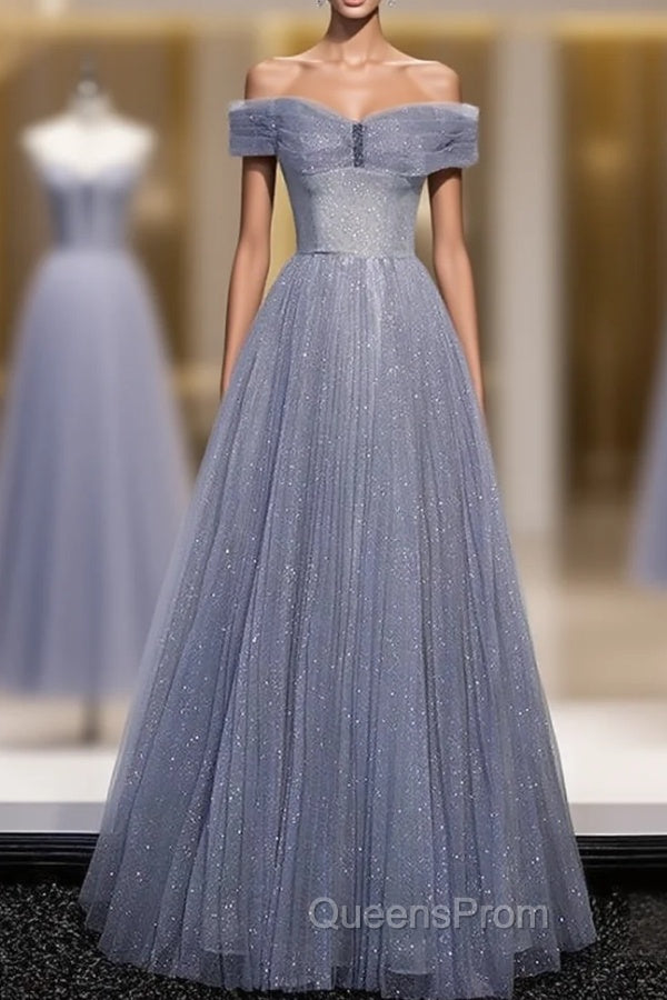 Blue Tulle Sequins Pleats Beading Evening Prom Dress