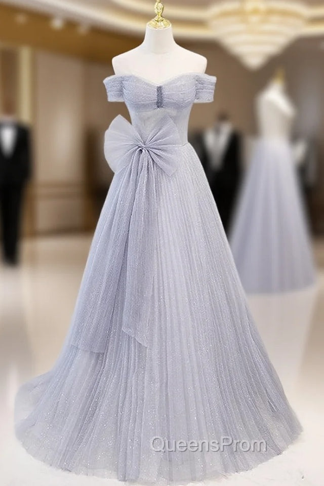 Blue Tulle Sequins Pleats Bow Evening Prom Dress Main image