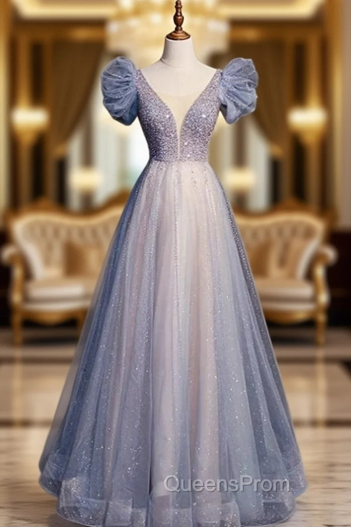 Blue Tulle Sequins Puff Beading Evening Prom Dress