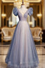 Blue Tulle Sequins Puff Beading Evening Prom Dress