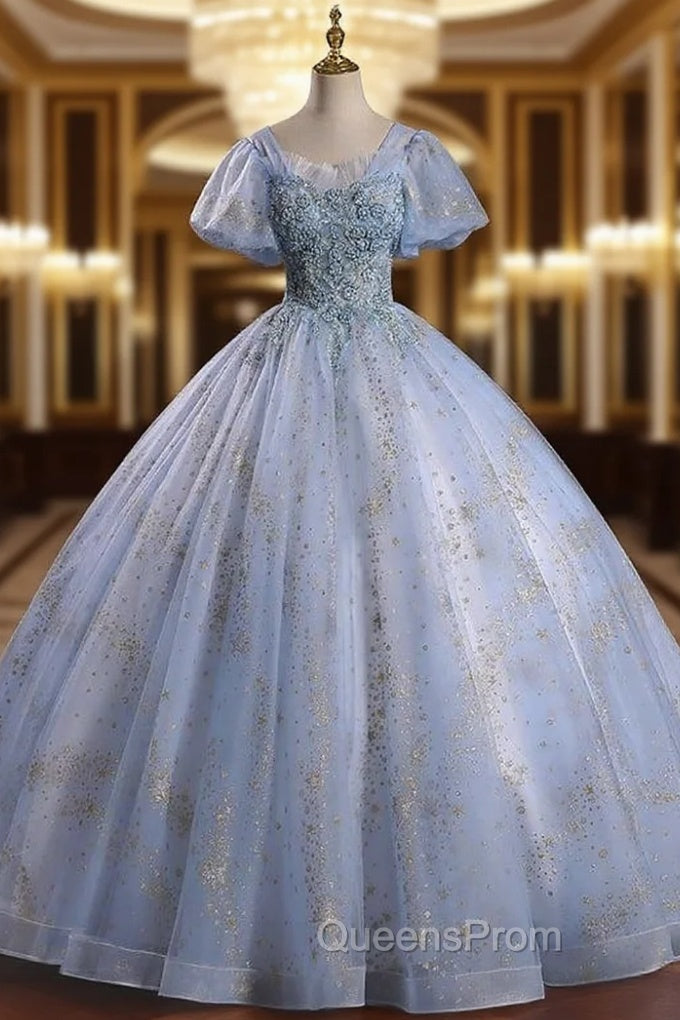 Blue Tulle Sequins Puff Sleeve Beading Quinceanera Dress