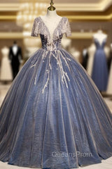 Blue Tulle Sequins See Through V-neck Quinceanera Dress