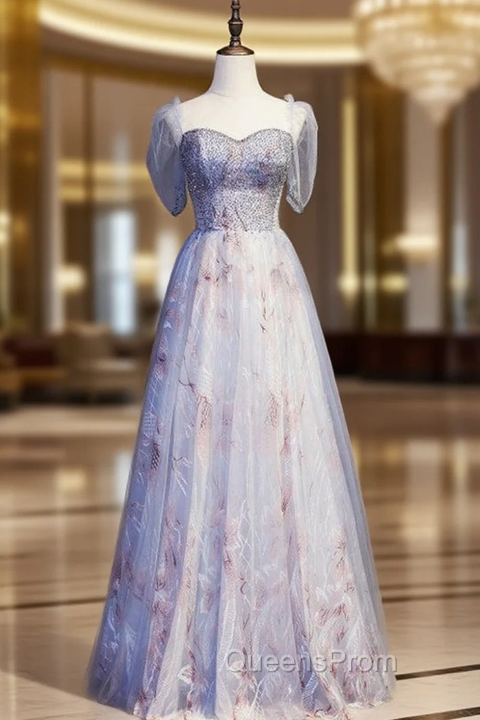 Blue Tulle Sequins Short Sleeve Beading Evening Prom Dress Main image