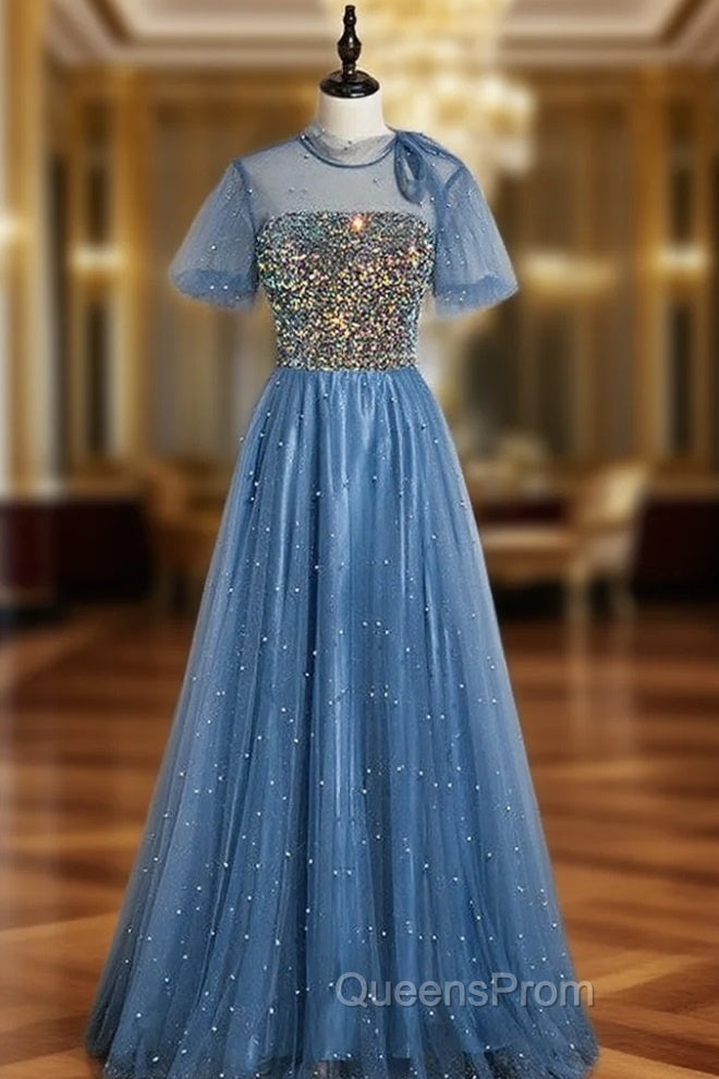 Blue Tulle Sequins Short Sleeve Open Back Evening Prom Dress