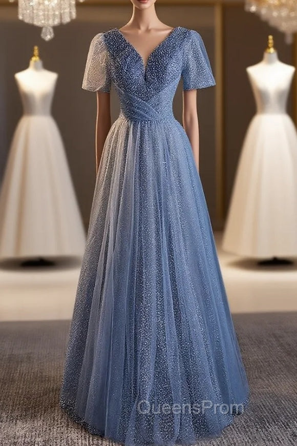 Blue Tulle Sequins Short Sleeve Evening Prom Dress
