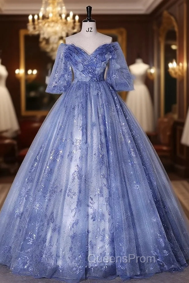 Blue Tulle Sequins Short Sleeve Quinceanera Dress Main image