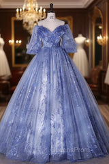 Blue Tulle Sequins Short Sleeve Quinceanera Dress