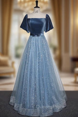 Blue Tulle Sequins Short Sleeve Velvet Evening Prom Dress