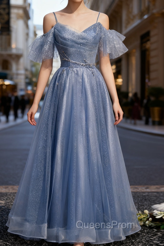 Blue Tulle Sequins Spagehtti Straps Beading Evening Prom Dress