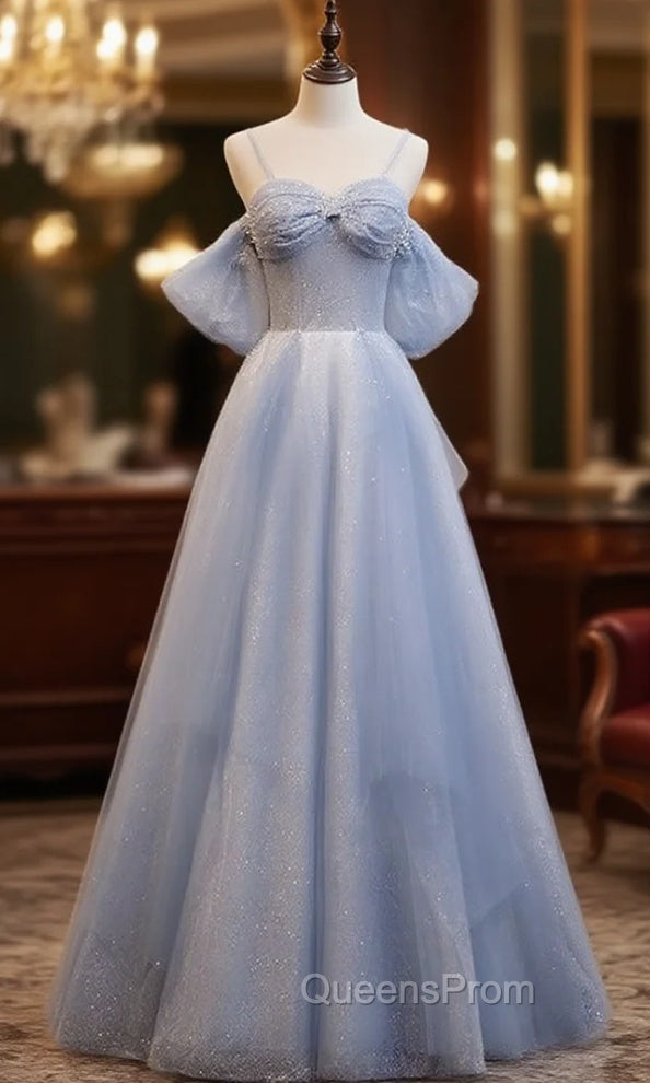 Blue Tulle Sequins Spaghetti Straps Beading Evening Prom Dress