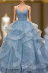 Blue Tulle Sequins Spaghetti Straps Pleats Evening Prom Dress