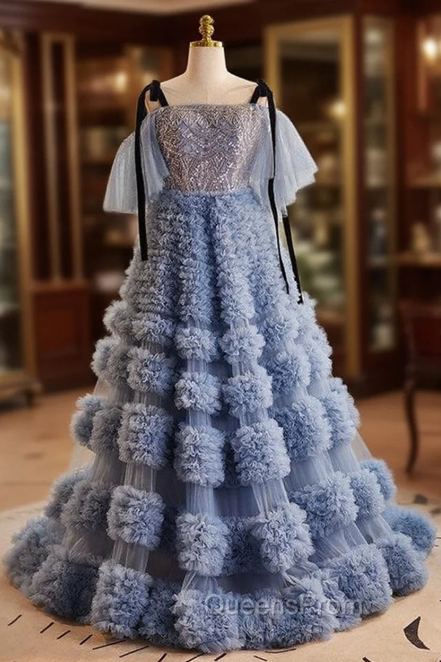 Blue Tulle Sequins Spaghetti Straps Tiers Evening Prom Dress