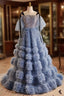 Blue Tulle Sequins Spaghetti Straps Tiers Evening Prom Dress