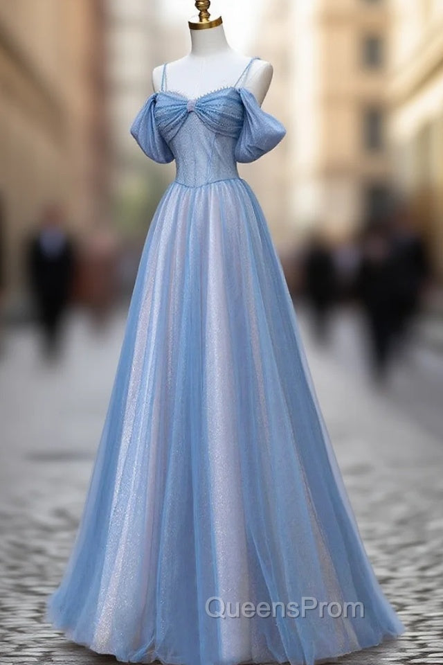 Blue Tulle Sequins Spahetti Straps Evening Prom Dress