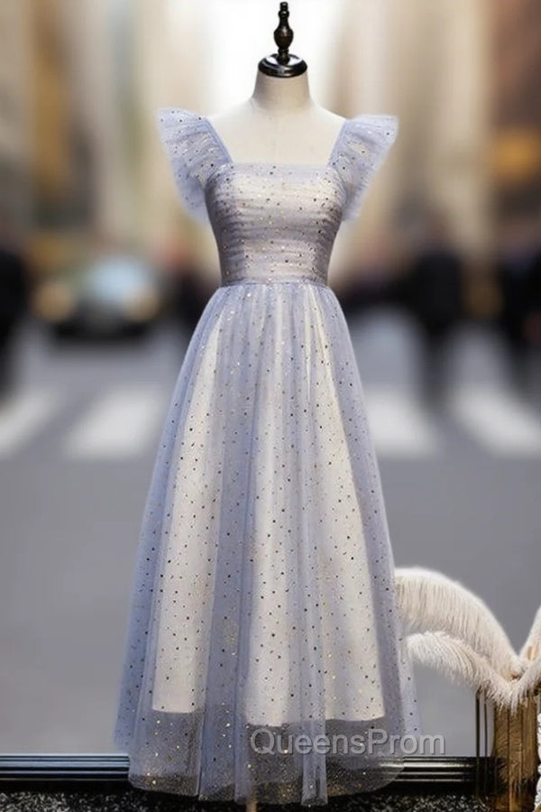 Blue Tulle Sequins Square Ankle Length Evening Prom Dress Main image