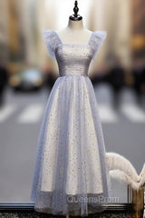 Blue Tulle Sequins Square Ankle Length Evening Prom Dress