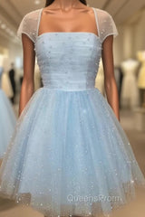 Blue Tulle Sequins Square Pearls Homecoming Dress