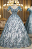 Blue Tulle Sequins Square Quinceanera Dress