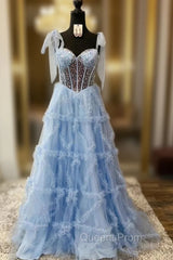Blue Tulle Sequins Straples Evening Prom Dress