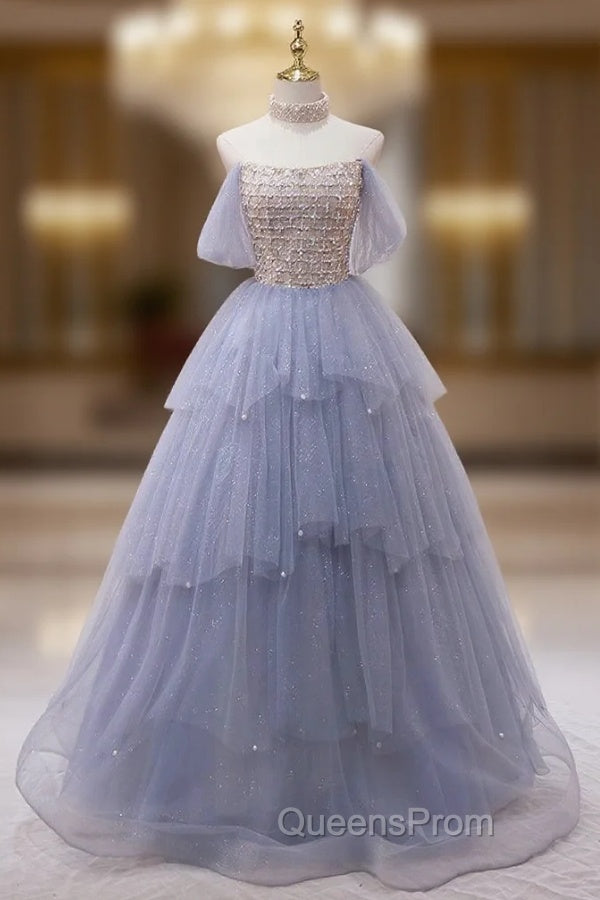 Blue Tulle Sequins Strapless Beading Evening Prom Dress