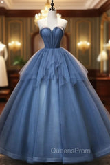Blue Tulle Sequins Strapless Beading Quinceanera Dress