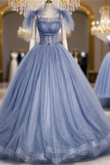Blue Tulle Sequins Straps Pleats Evening Prom Dress