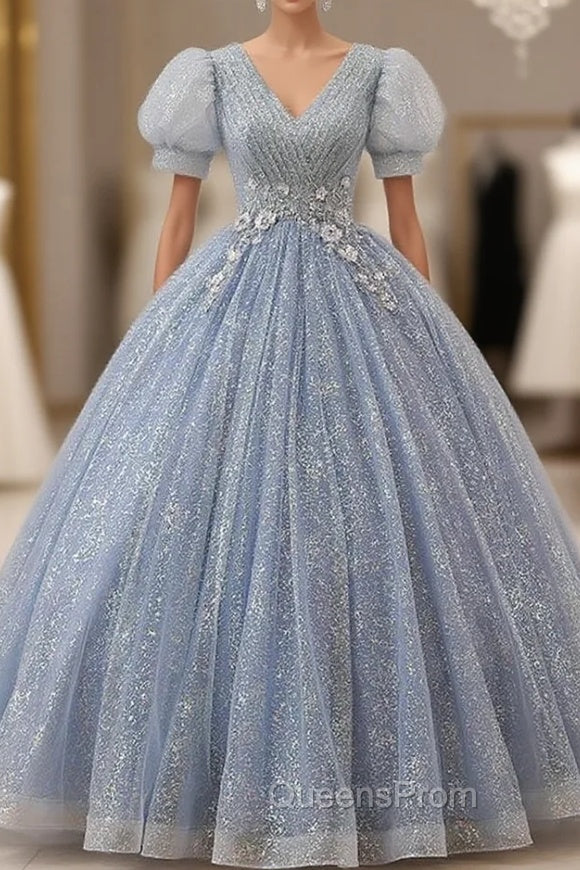 Blue Tulle Sequins V-neck Pleats Short Sleeve Quinceanera Dress