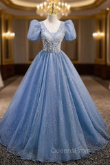 Blue Tulle Sequins V-neck Puff Sleeve Beading Sequins Evening Prom Dress