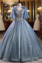 Blue Tulle Sequins V-neck Quinceanera Dress