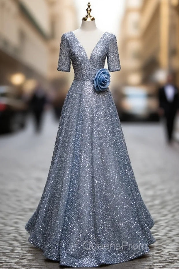 Blue Tulle Sequins V-neck Short Sleeve Beading Evening Prom Dress