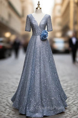 Blue Tulle Sequins V-neck Short Sleeve Beading Evening Prom Dress