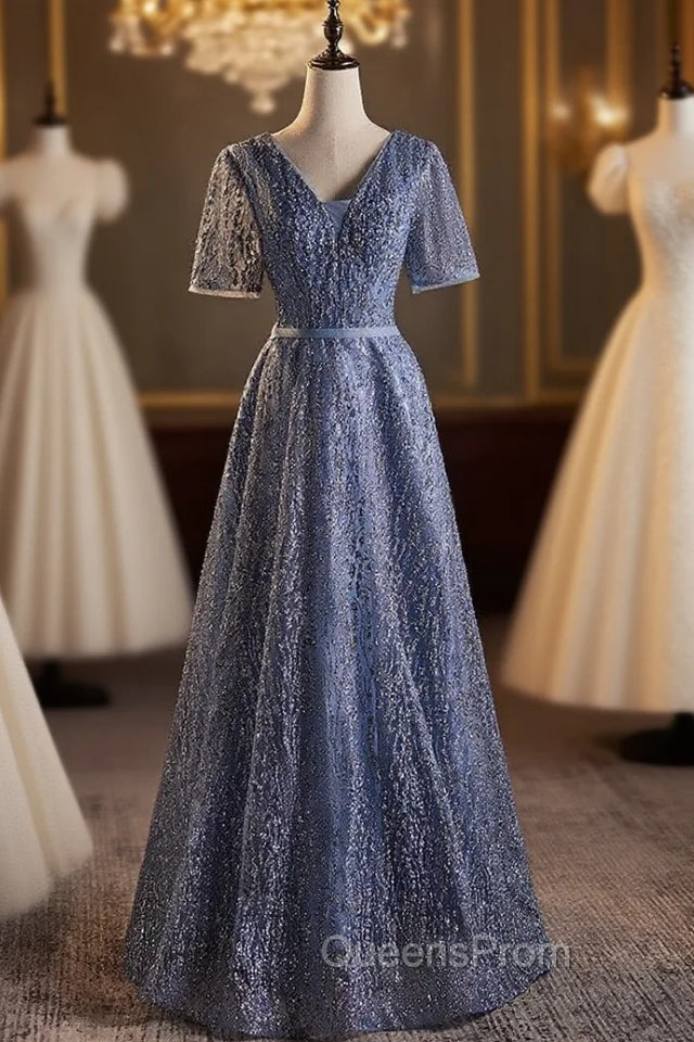 Blue Tulle Sequins V-neck Short Sleeve Evening Prom Dress Main image