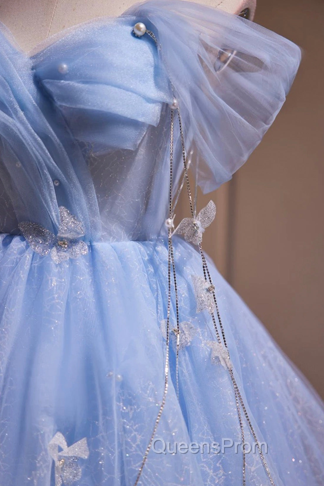 Blue Tulle Short Party Dress, Lovely A-Line Off Shoulder Evening Prom Dress