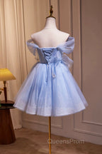 Blue Tulle Short Party Dress, Lovely A-Line Off Shoulder Evening Prom Dress