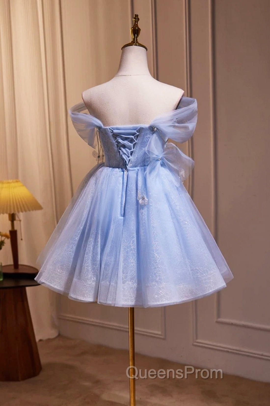 Blue Tulle Short Party Dress, Lovely A-Line Off Shoulder Evening Prom Dress