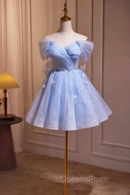 Blue Tulle Short Party Dress, Lovely A-Line Off Shoulder Evening Prom Dress