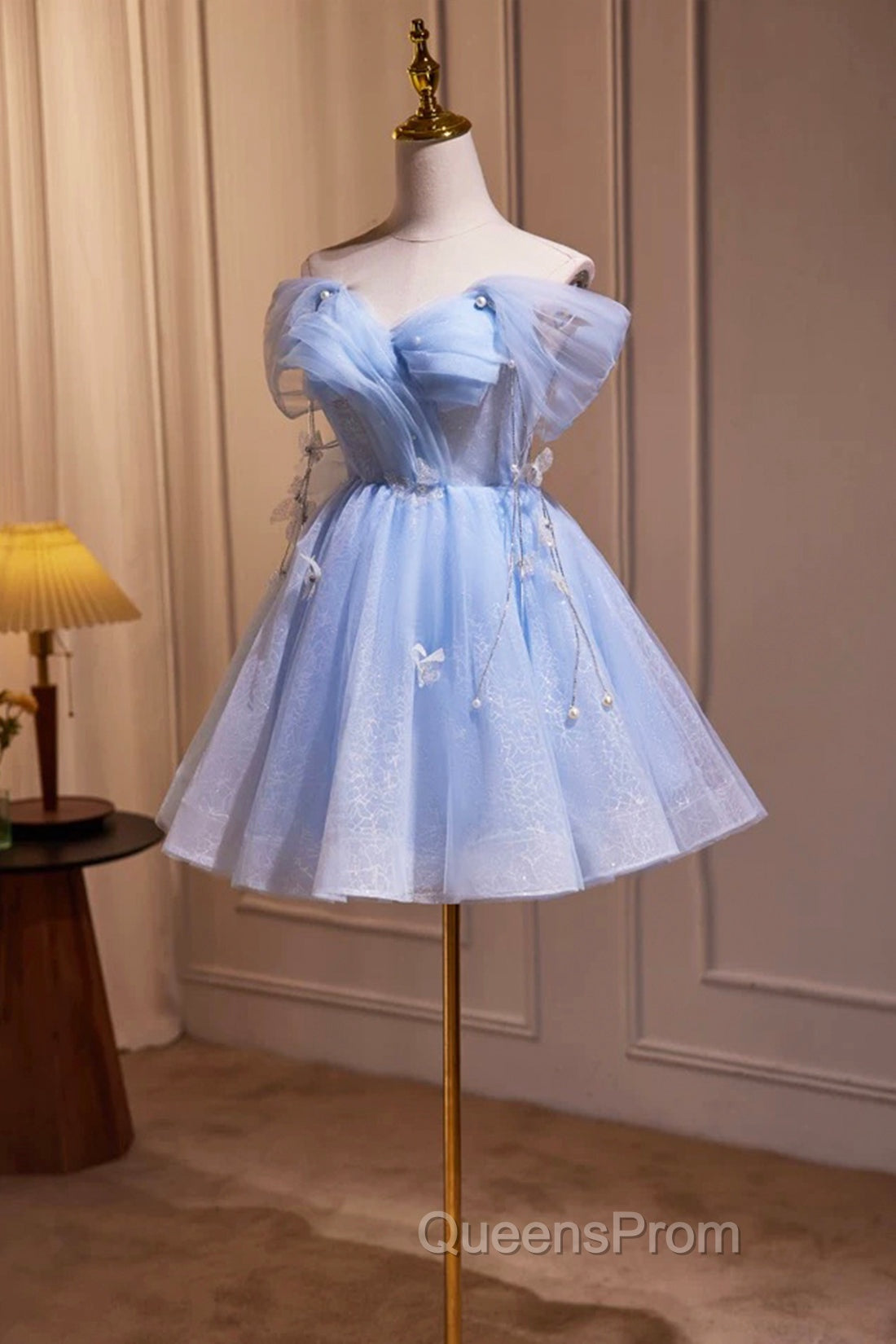 Blue Tulle Short Party Dress, Lovely A-Line Off Shoulder Evening Prom Dress