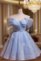 Blue Tulle Short Party Dress, Lovely A-Line Off Shoulder Evening Prom Dress