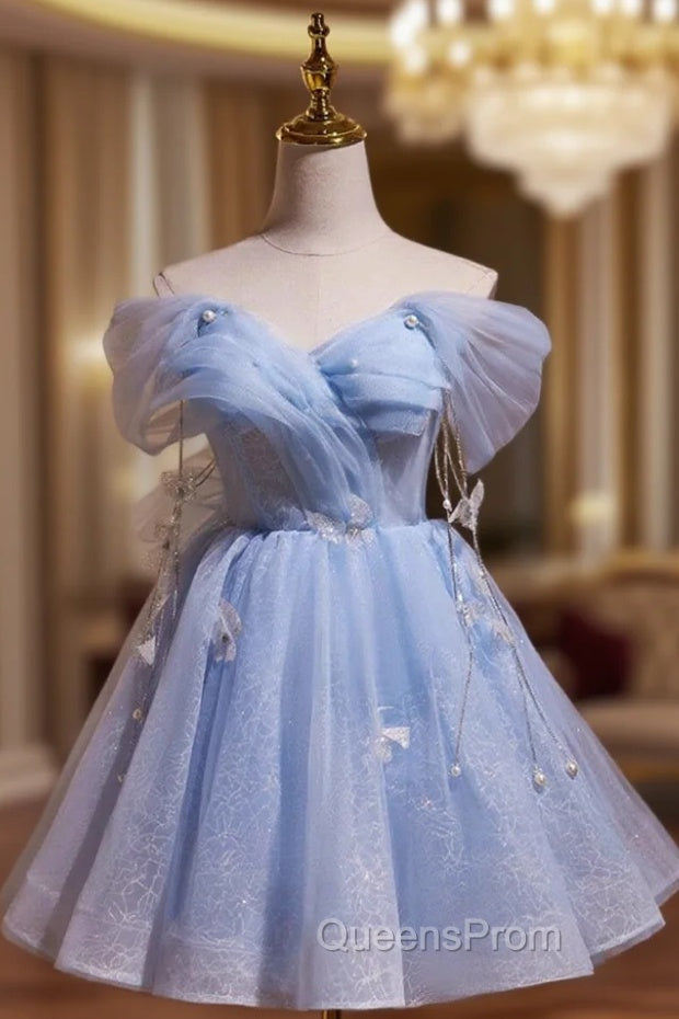 Blue Tulle Short Party Dress, Lovely A-Line Off Shoulder Evening Prom Dress