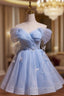 Blue Tulle Short Party Dress, Lovely A-Line Off Shoulder Evening Prom Dress