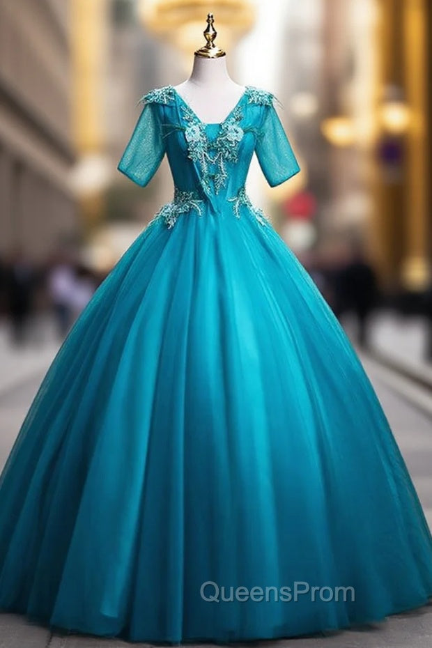 Blue Tulle Short Sleeve Appliques Quinceanera Dress Main image