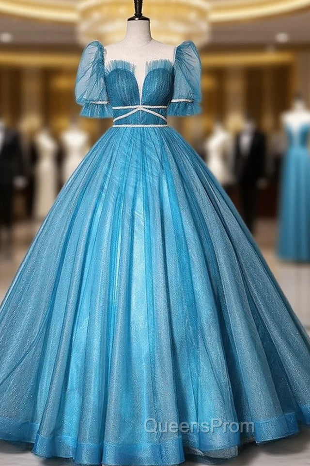 Blue Tulle Short Sleeve Backless Quinceanera Dress Main image