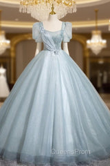 Blue Tulle Short Sleeve Flower Quinceanera Dress