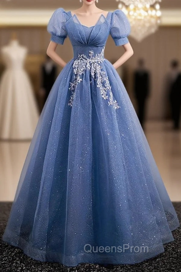 Blue Tulle Short Sleeve Sequins Evening Prom Dress Main image