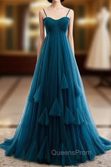 Blue Tulle Spagehtti Straps High Waist Pleats Evening Prom Dress