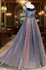 Blue Tulle Spaghetti Strap Long Evening Prom Dress, A-Line Lace-Up Evening Dress