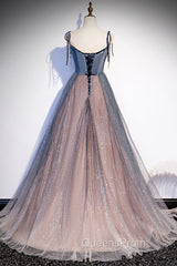 Blue Tulle Spaghetti Strap Long Evening Prom Dress, A-Line Lace-Up Evening Dress