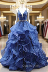Blue Tulle Spaghetti Straps Beaded Evening Prom Dress